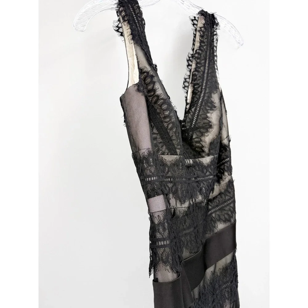 JS Collections Black Lace Satin Tiered V-Neck Cocktail Dress Size 10 Evening